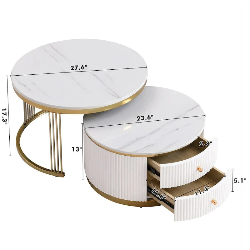 2 weiße runde Couchtische mit Schubladen im Set
