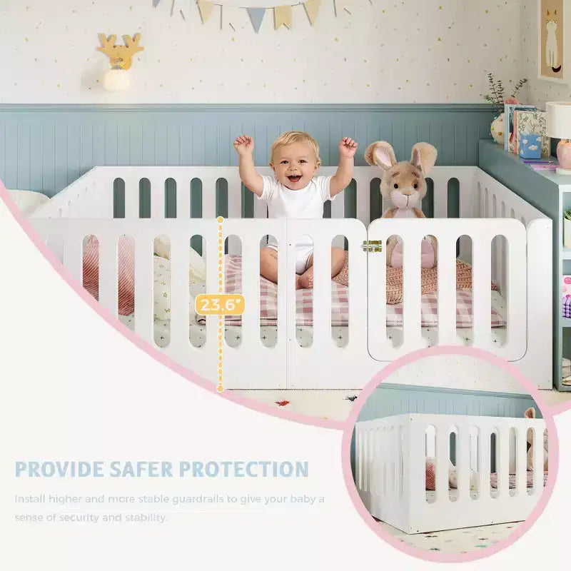 Weißes Twin Montessori Bodenbett mit Zaungittern & Tür – Massivholz, 1 Kind