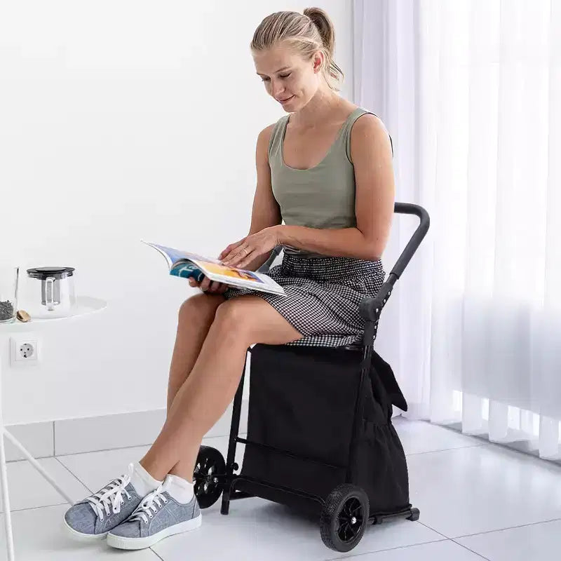 Acekool 2-in-1 faltbarer Handwagen Einkaufstrolley mit abnehmbarer wasserdichter Tasche, dickem Sitzkissen und verstellbarem rutschfesten Griff, Schwarz