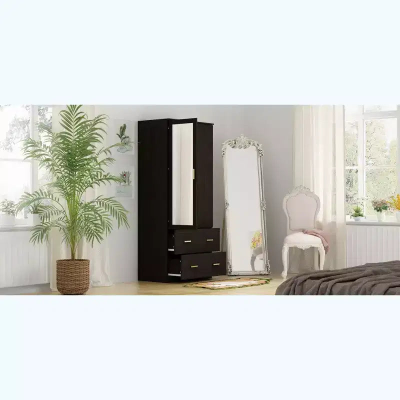 Hitow Kleiderschrank mit zwei Schubladen und Spiegeltür, zonierte Aufbewahrung