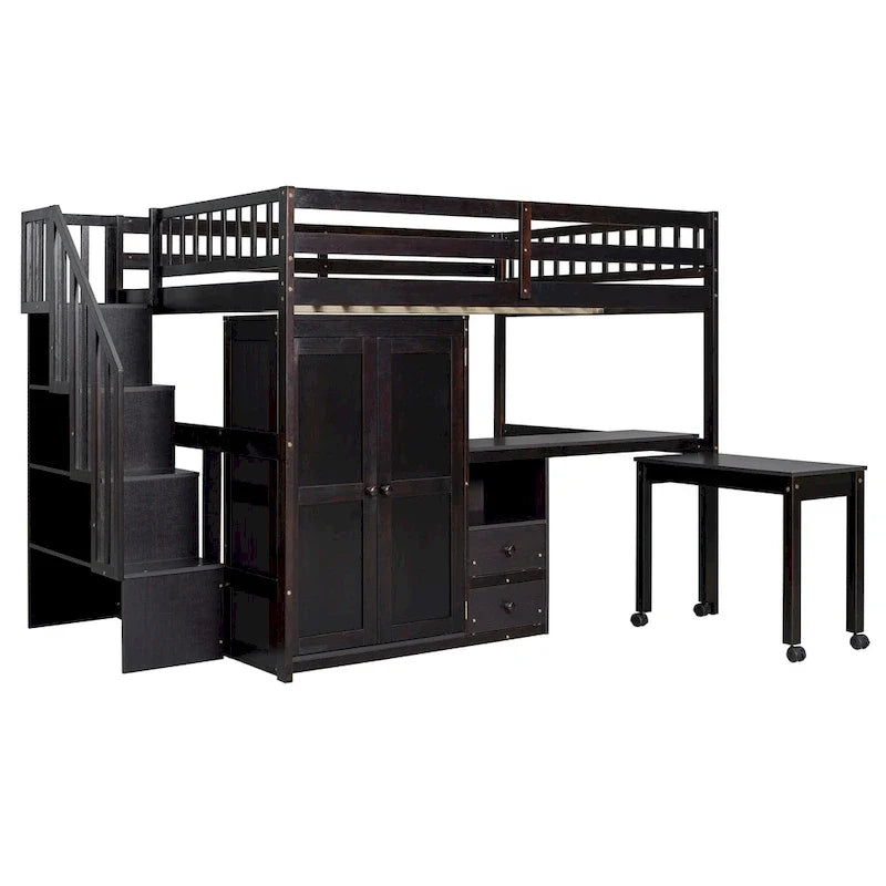 Doppelbett-Hochbett mit Treppe, Bücherregal, Schreibtisch und Kleiderschrank – platzsparendes Multifunktionsmöbel für Kinder & Jugendliche – Weiß