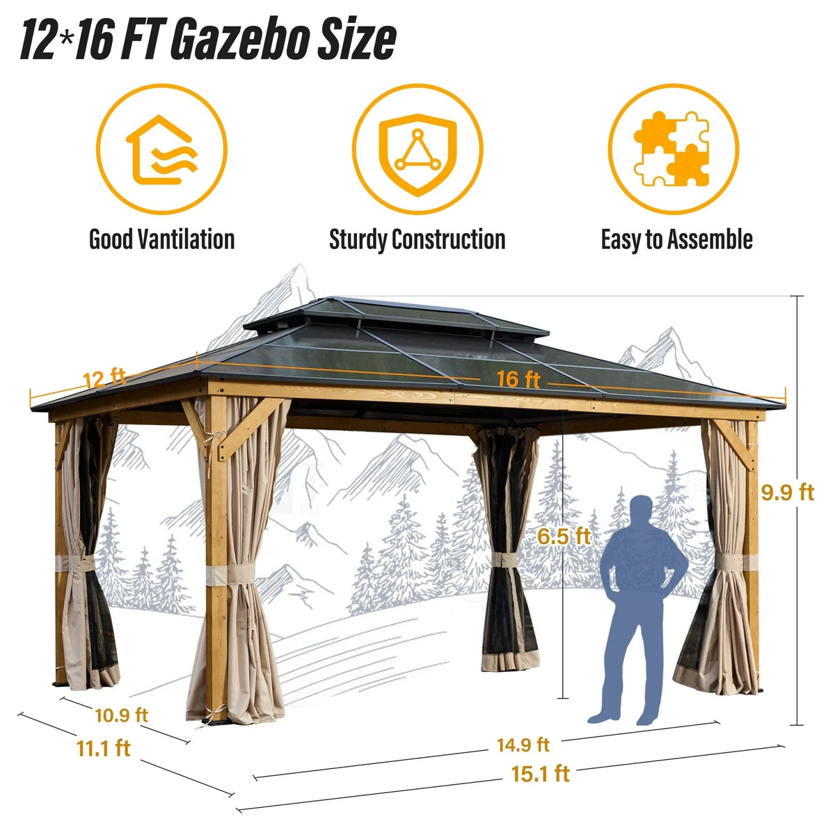 EROMMY Hardtop-Pavillon, Outdoor-Pergola mit Doppeldach & Netzen & Vorhängen, Hochleistungs-Canopy für Terrasse, Garten, Poolparty
