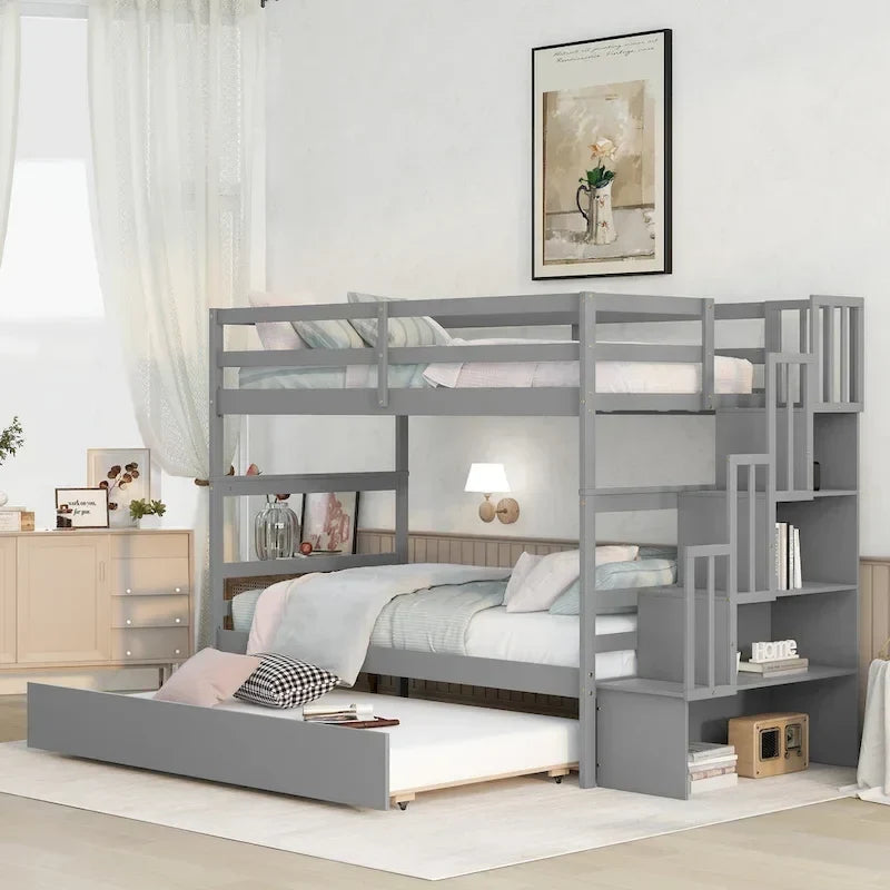 Etagenbett (Twin über Twin) mit ausziehbarem Bett und Treppe mit Stauraum in Grau