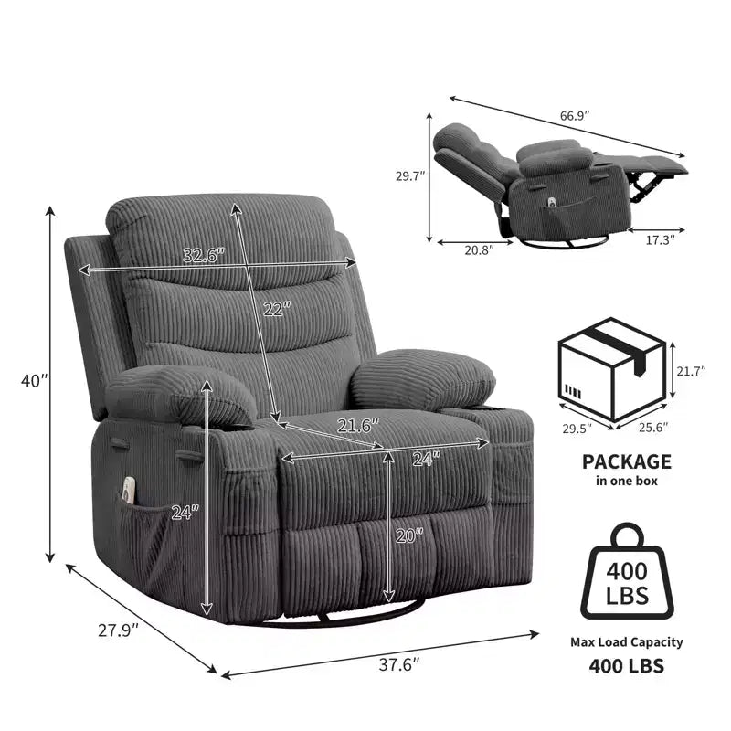 Übergroßer 360°-Dreh- und Schaukelsessel mit Massage und Heizung – Ergonomischer Loungesessel mit Getränkehaltern, Seitentaschen für Wohnzimmer, Kinderzimmer
