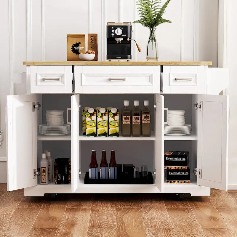 Große Kücheninsel mit Holzklapptisch, geprägter Rollküchenwagen mit Türen und Schubladen mit Stauraum für die Küche, Weiß