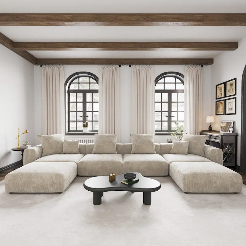 Großes modulares Ecksofa, Kordbezug, U-förmig, 4-Sitzer mit 2 Ottomanen und 5 Kissen
