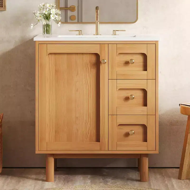 JVNOXK 75 cm Rustikaler Moderner Keramik-Waschtischunterschrank mit 3 Schubladen und 1 großer Soft-Close-Tür, Aufbewahrungsschrank, Naturholzmaserung