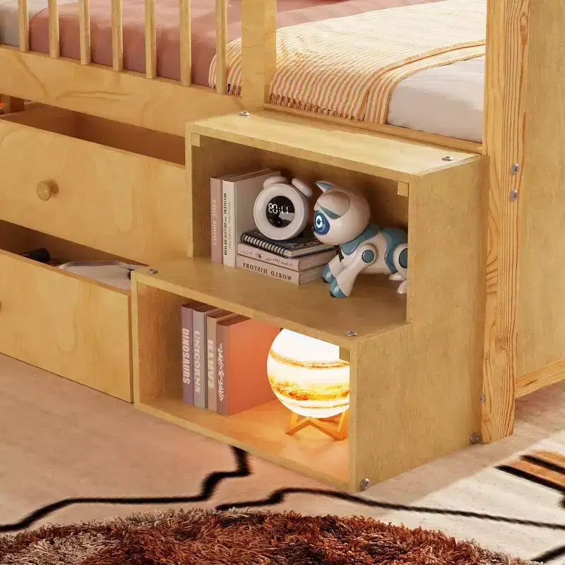 Whisen niedriges Etagenbett mit LED-Beleuchtung, Kopfteil in Hausform und Aufbewahrungsschubladen, solide Konstruktion