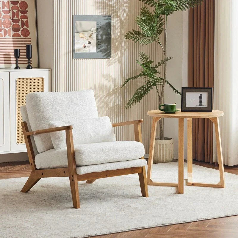 Polster-Akzentsessel aus Leinenmischgewebe mit Holzbeinen und einem Kissen, Beige