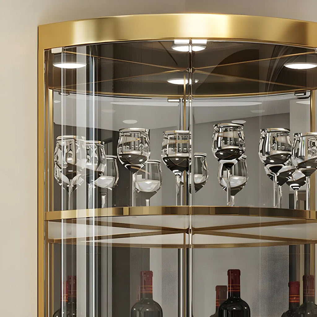 Glam Glossy Glas Gold Metall Abgerundete Display-Eckvitrine