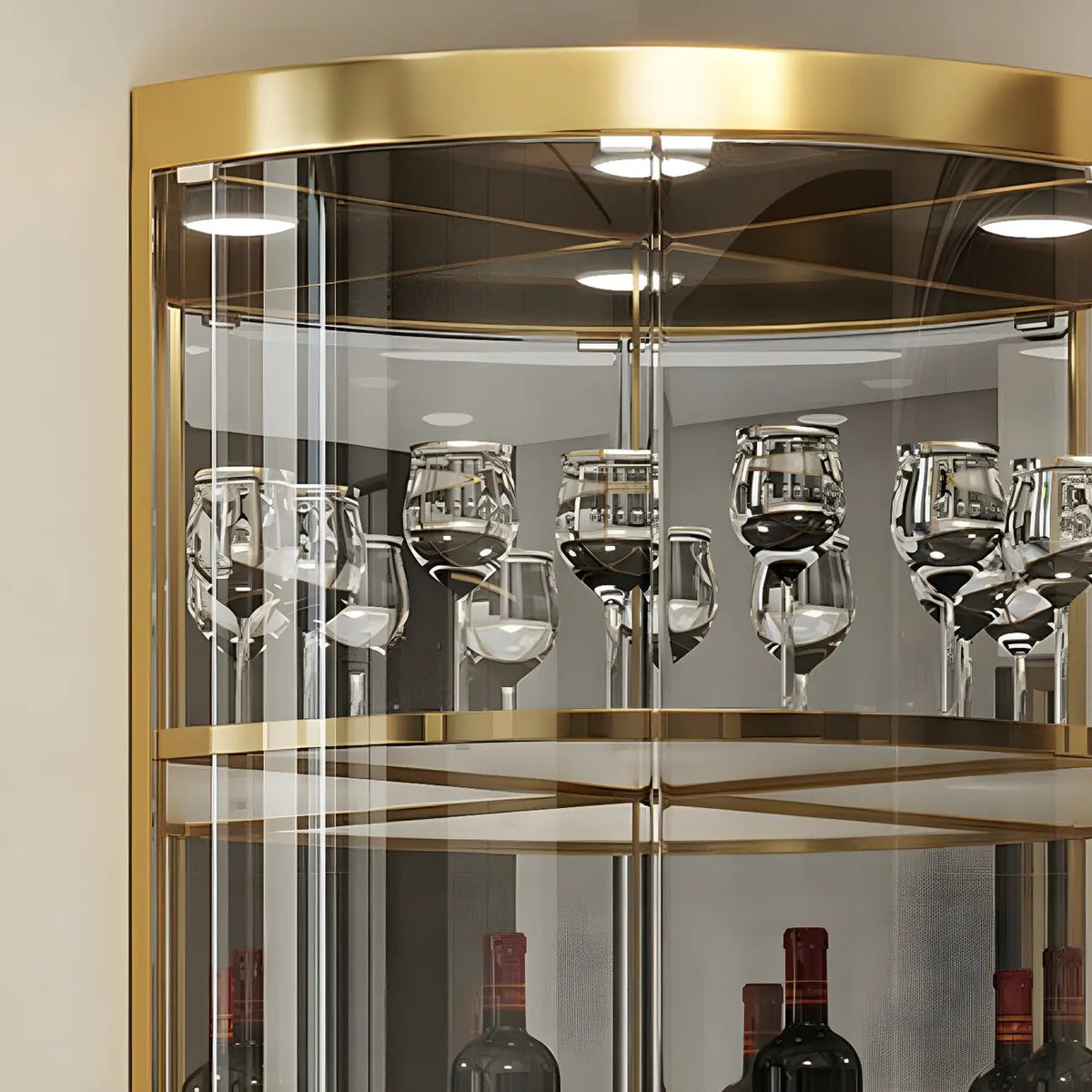 Glam Glossy Glas Gold Metall Abgerundete Display-Eckvitrine