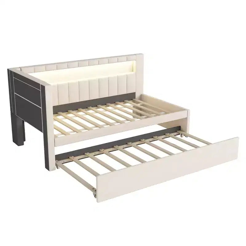 Einzel-/Doppel-Tagesbett mit Ausziehbett und L-förmigem Bücherregal-Kopfteil, gepolstertes Eckbett aus Leinen mit Ablageregalen und LED-Beleuchtung