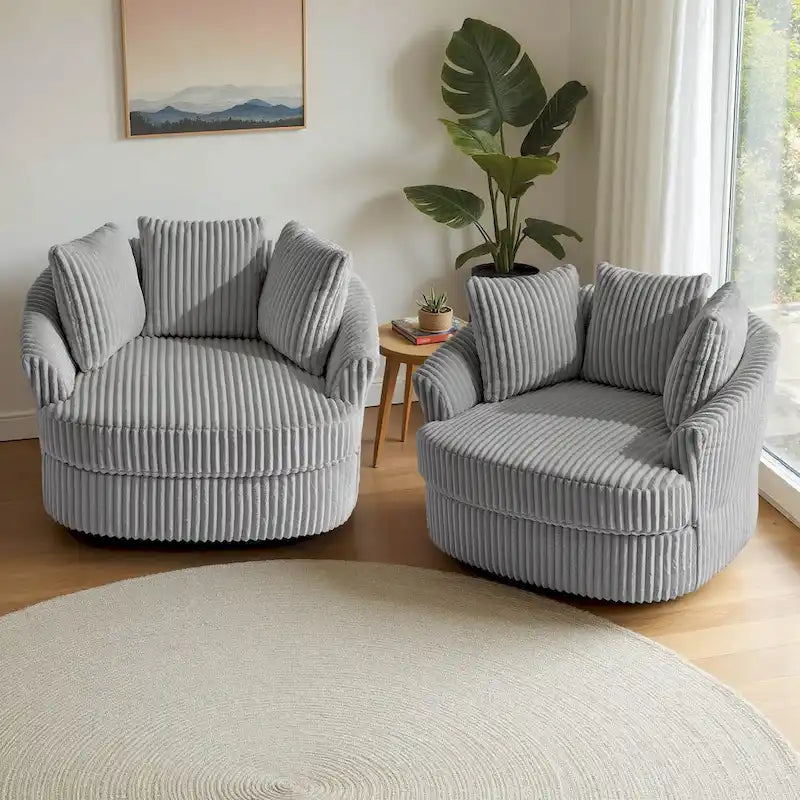 2er-Set übergroßer 43 W Plüsch-Cord-Drehsessel mit Kissen