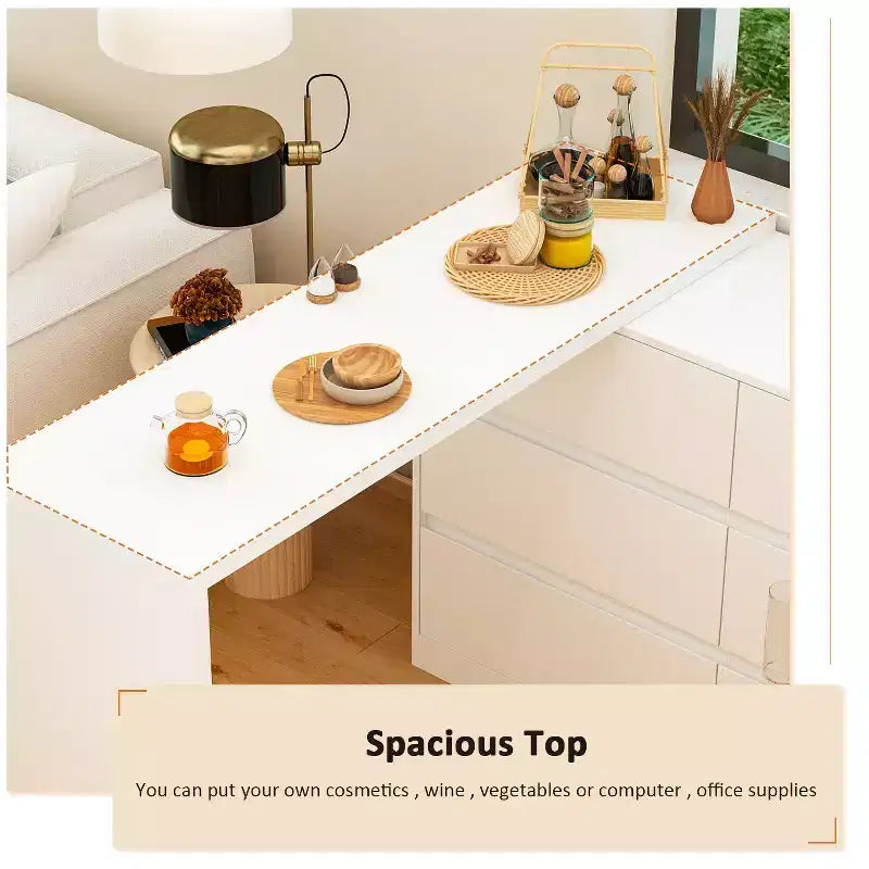 Intelligentes, drehbares/ausziehbares Buffet-Sideboard mit 6 Schubladen, erweiterter Arbeitsplatte, rutschfester Matte, drehbarem Esstisch, Kücheninsel-Vorratskammer