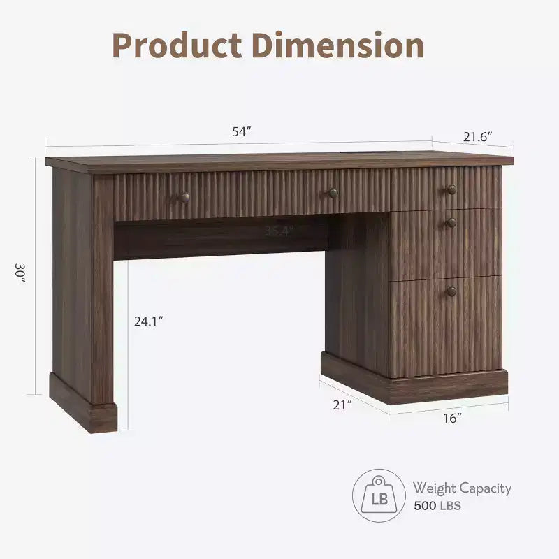 Geriffelter Home-Office-Schreibtisch mit Stauraum, 137 cm moderner Chefschreibtisch mit Ladestation, Computer-Schreibtisch aus Holz mit Aktenschubladen für das Arbeitszimmer