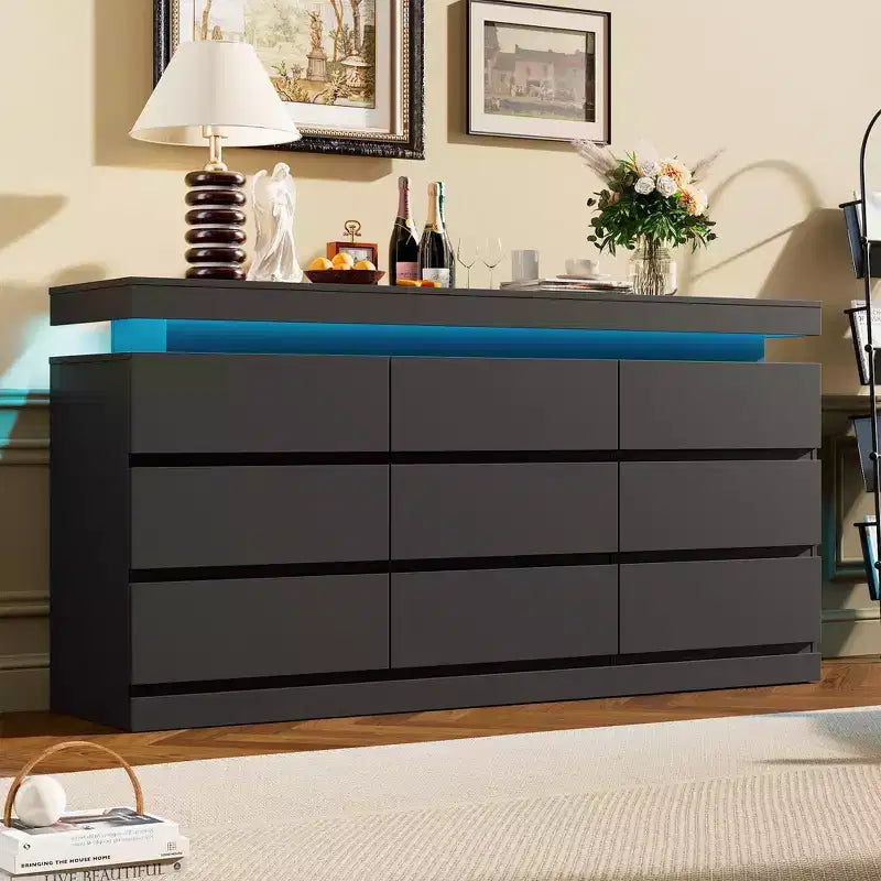 9 Schubladen Kommode für Schlafzimmer, Schubladenschrank mit Ladestation & LED-Beleuchtung, Doppel-Holz-Kleiderschrank, Moderne Kommode TV-Ständer