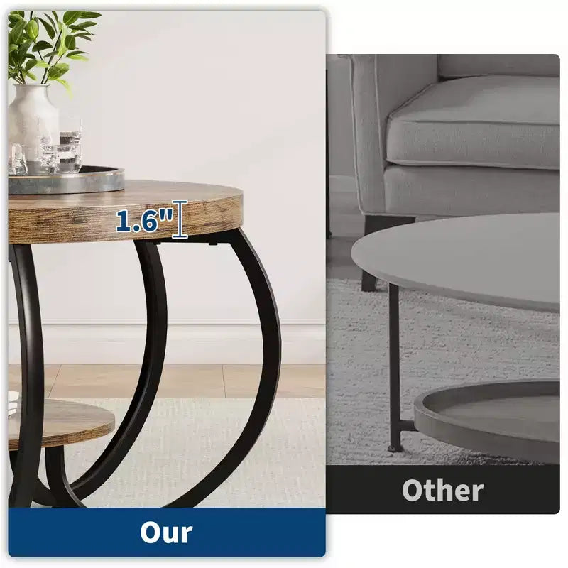 30 Zoll runder industrieller Couchtisch, 2-stöckig mit verstellbaren Füßen, Holzmaserungsablage, Flammendesign, einfache Montage, Wohnzimmer