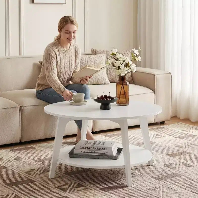 Honigbrauner runder Couchtisch mit 2 Ablageflächen, Maße 80 x 45 cm, ideal für das Wohnzimmer