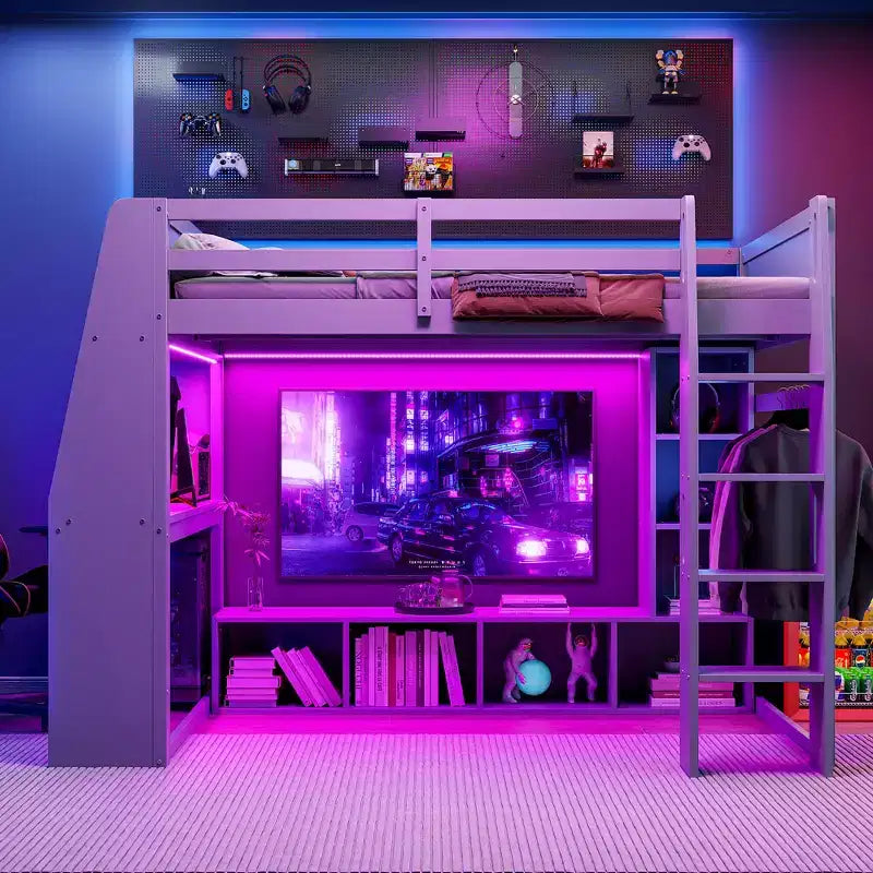 Whisen Wood Gaming-Hochbett (Twin Size) mit Schreibtisch, mehreren Ablagefächern, LED-Beleuchtung und einer Kleiderstange