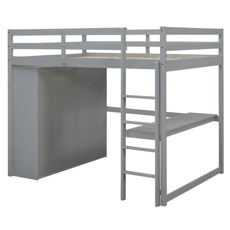 Vollholz-Hochbett mit integriertem Kleiderschrank, Schreibtisch, Ablagefächern und Schubladen