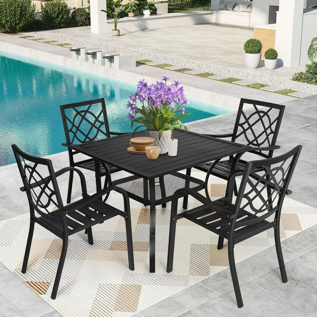 SUNCROWN Garten-Essgruppe 5/7-teilig, Stahl, Tisch mit Metalllatten und stapelbaren Stühlen, pulverbeschichteter Rahmen