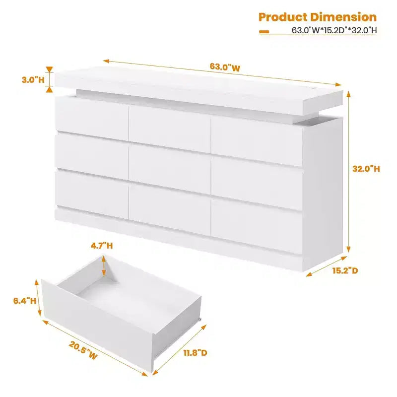 9 Schubladen Kommode für Schlafzimmer, Schubladenschrank mit Ladestation & LED-Beleuchtung, Doppel-Holz-Kleiderschrank, Moderne Kommode TV-Ständer