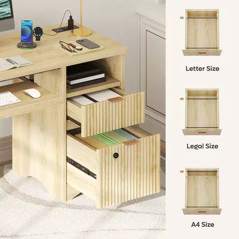 Bestier 55 Smart Computertisch, Eiche Schreibtisch mit Aktenschubladen und Steckdose, Chefschreibtisch mit offenem Stauraum und Tastaturauszug