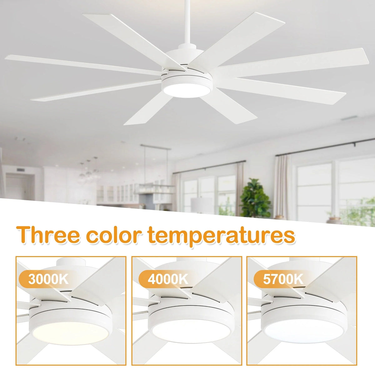 65-Zoll-LED-Deckenventilator mit 8 Flügeln, Licht und Fernbedienung, Schwarz