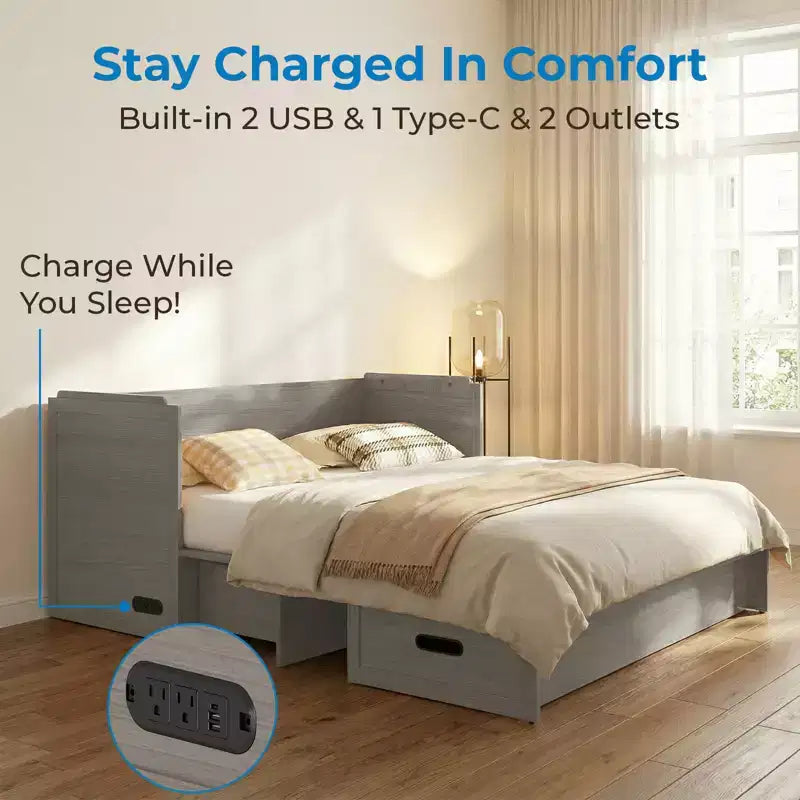 Mjkone Queen Size Wandelbares Murphy-Schrankbett mit USB-Ladefunktion, Schubladen, keine Matratze enthalten