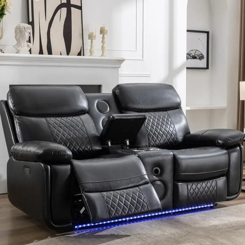 Elektrisches Liegesofa mit kabelloser Ladestation, Leselampe, LED-Beleuchtung für Wohnzimmer, Kunstleder, AC-/USB-Anschluss, Getränkehalter, Schwarz