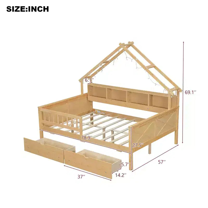 Hausbettgestell in voller Größe mit Schubladen, Haus-Plattformbett mit LED-Beleuchtung, Ablagefächern und Schubladen, Tagesbett aus Holz mit Dach und Geländer