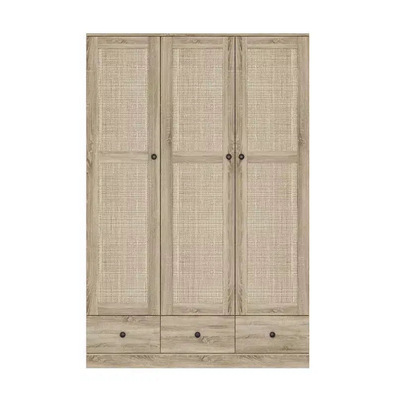 Famapy Rattan Kleiderschrank mit 3 Schubladen, 3 atmungsaktiven Rattan-Türen, Hochschrank im Bauernhausstil für das Schlafzimmer