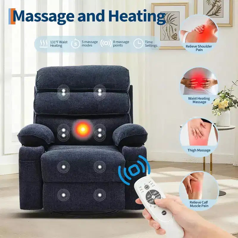 Massageschaukel-Liegesessel mit Heizfunktion, um 360° drehbarer Gleitsessel für Erwachsene, Leinen-Stillstuhl mit Seitentasche, zwei Getränkehaltern