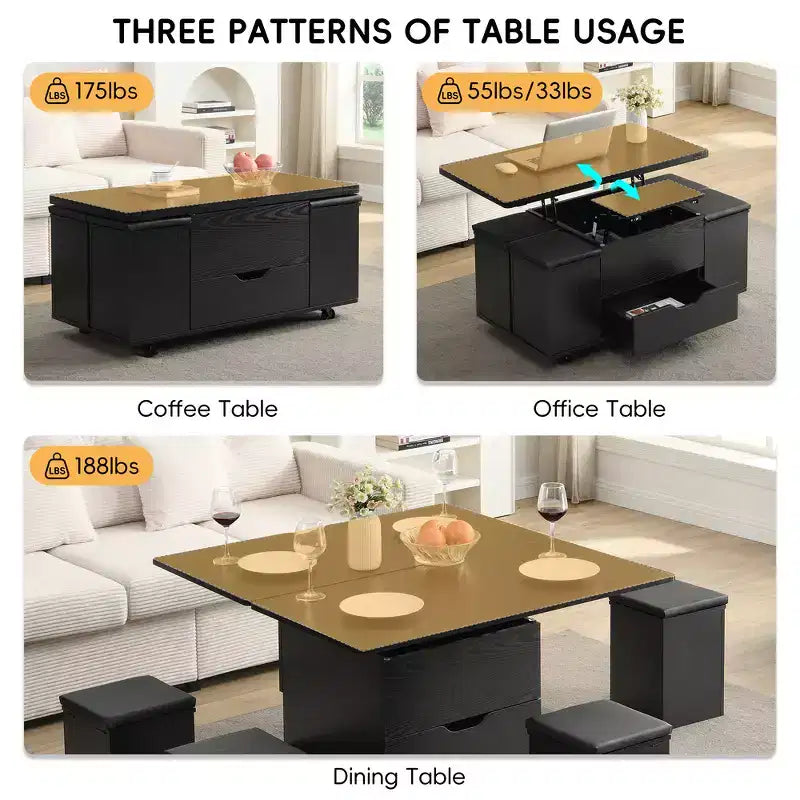 Multifunktionaler moderner Couchtisch mit Hebefunktion, verstecktem Stauraum, 4 Hockern und Rollen, perfekt für moderne Wohnbereiche