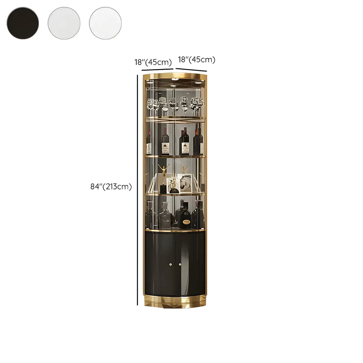 Glam Glossy Glas Gold Metall Abgerundete Display-Eckvitrine