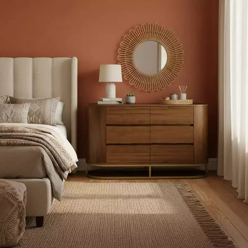 Moderne Kommode mit 6 Schubladen, Baumkanten-Design, Metallgestell und langlebiger Massivholzkonstruktion