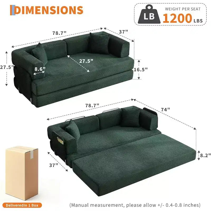 5-in-1 Schlafsofa, 78.8 Modulares Cord-Schlafsofa mit stabilem Rahmen, Multifunktions-Futon für kleine Räume, Wohnzimmer und Gästezimmer