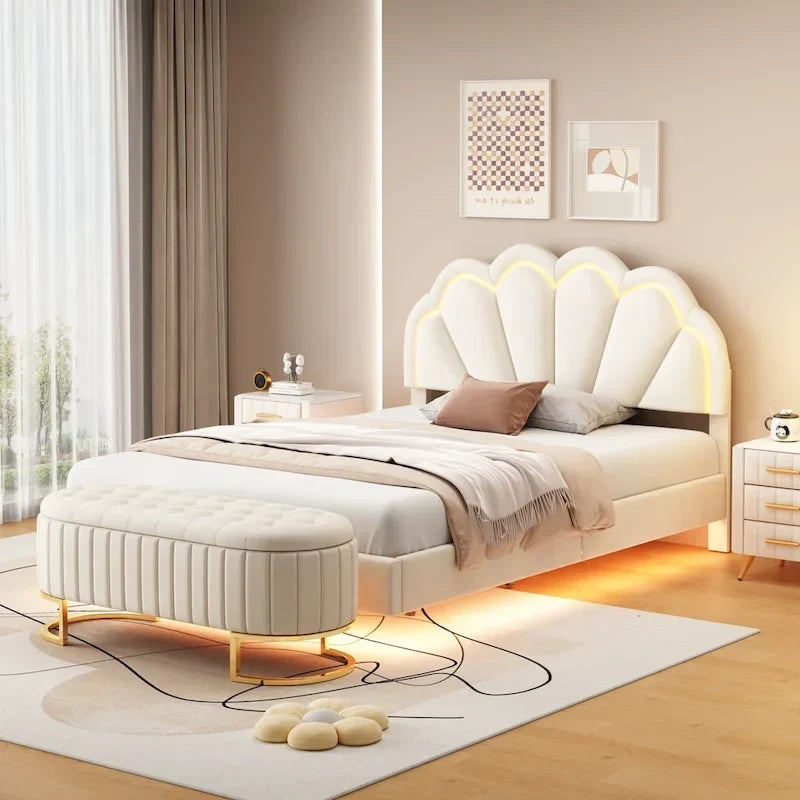 2-teiliges Schlafzimmerset mit LED-Podestbett in voller Größe und Stauraum-Ottomane