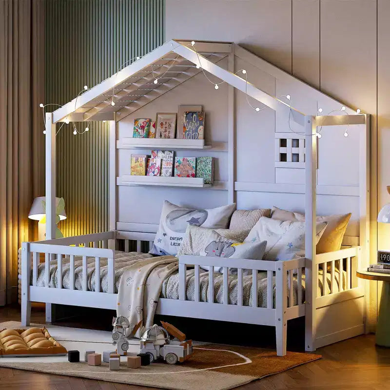 Hausbett in Twin-Größe mit Ablageregalen und Rausfallschutz, Montessori-Bettrahmen aus Holz für Kinder mit Fenster und glitzerndem Lichtband