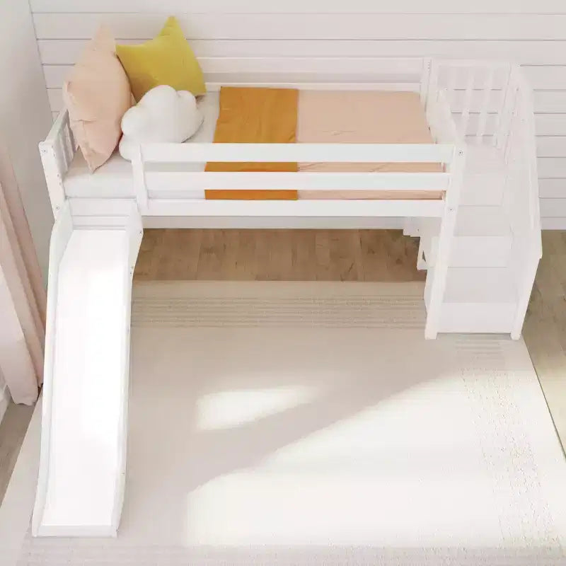 Kinder-Hochbett mit Rutsche & Treppe, Massivholz, 14 Schutzgitter, 180 kg Tragfähigkeit