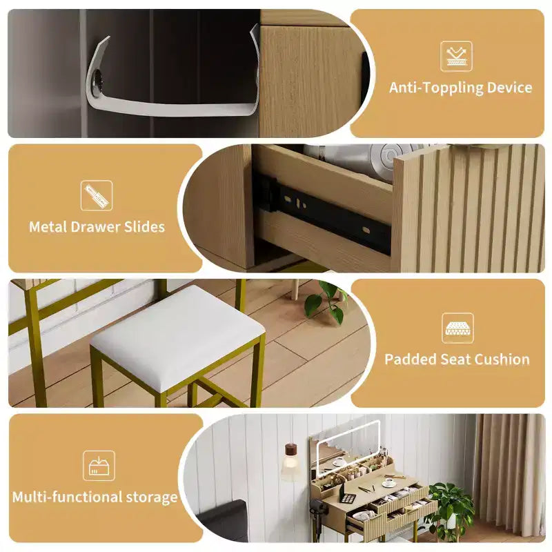 Schminktisch mit Spiegel und Beleuchtung, LED-Spiegeldesign, reichlich Schubladenstauraum für Kosmetik und Toilettenartikel