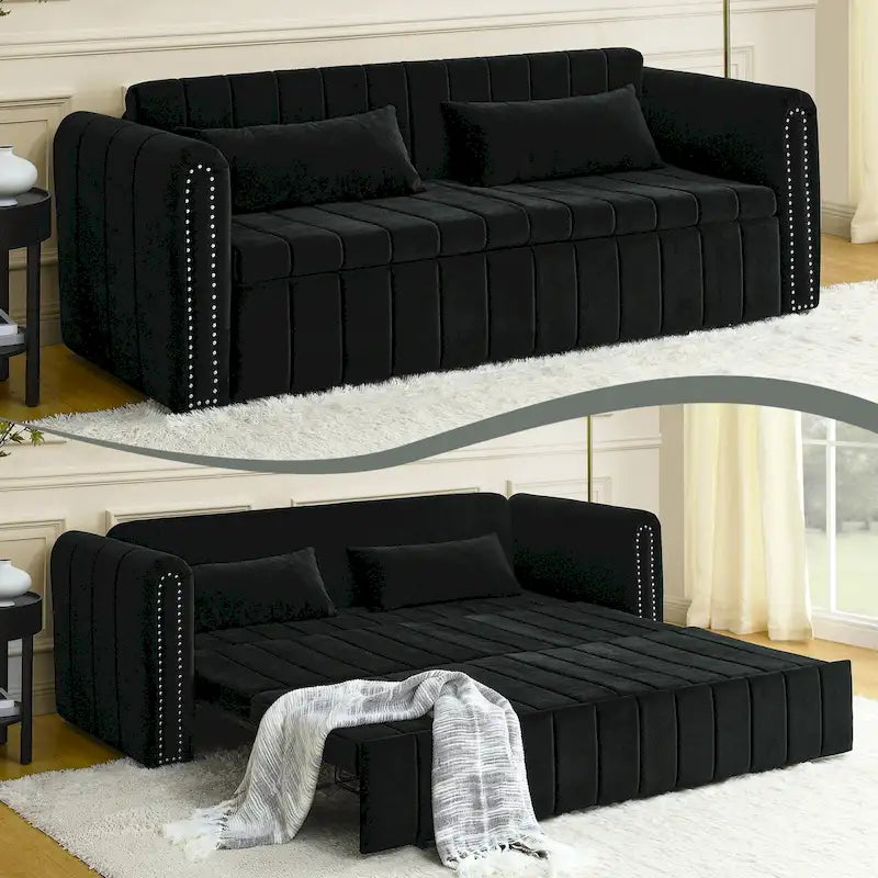 Modernes Schlafsofa aus Samt mit Rollarmen, verziert mit Kupfernägeln