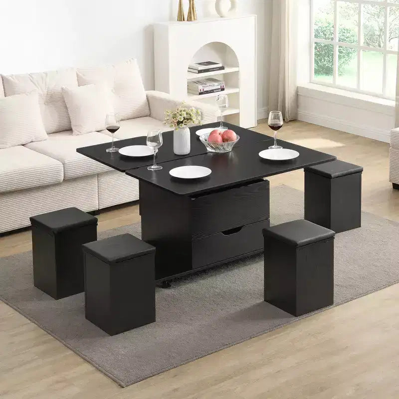 Multifunktionaler moderner Couchtisch mit Hebefunktion, verstecktem Stauraum, 4 Hockern und Rollen, perfekt für moderne Wohnbereiche
