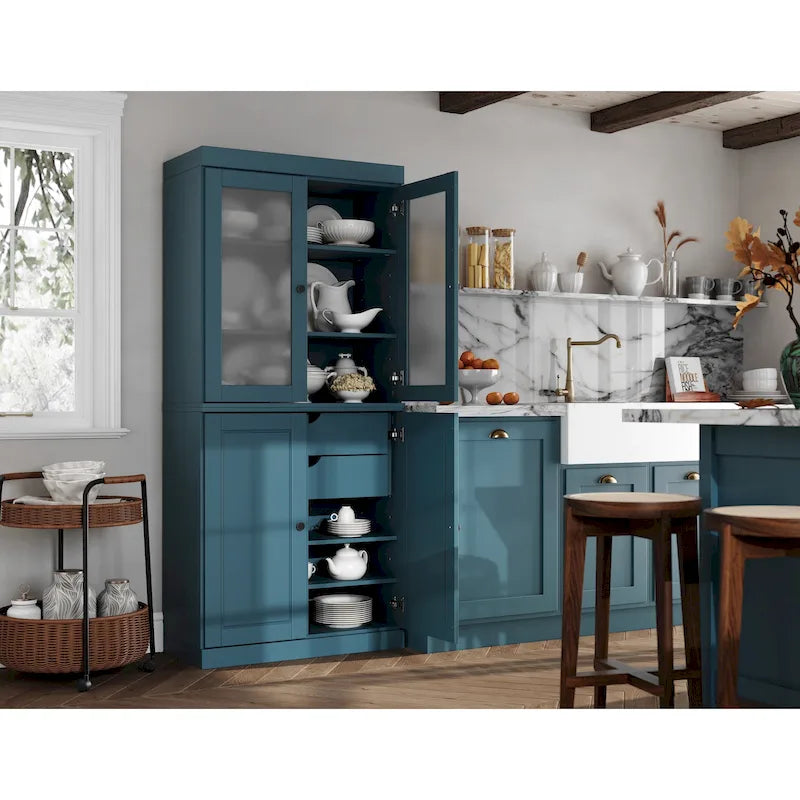 Vollholz-Vorratschrank mit Milchglastüren, Holztüren, 2 Schubladen und verstellbaren Einlegeböden