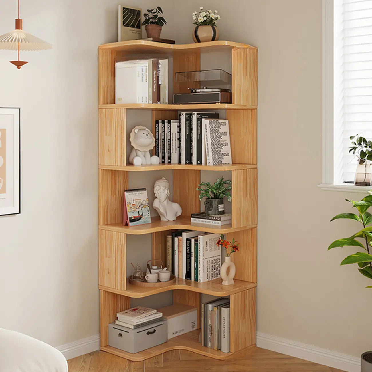 L-förmiges offenes Bücherregal aus Holz mit Naturfinish