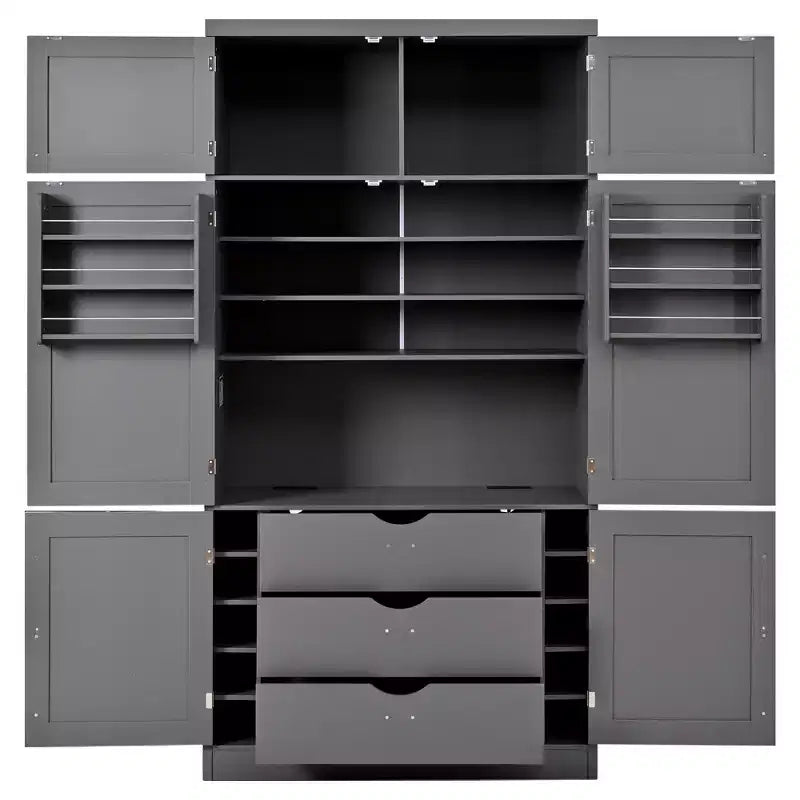 Hoher Küchenschrank mit Steckdosen, großer freistehender Schrank mit Mikrowellenständer, Schubladen, Regalen, Weinregalen und Türregal