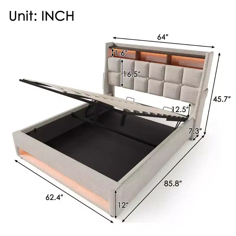 Queensize-Bett mit hydraulischem Stauraum, LED, USB, gepolstertem Kopfteil, kein Boxspringbett, einfache Montage