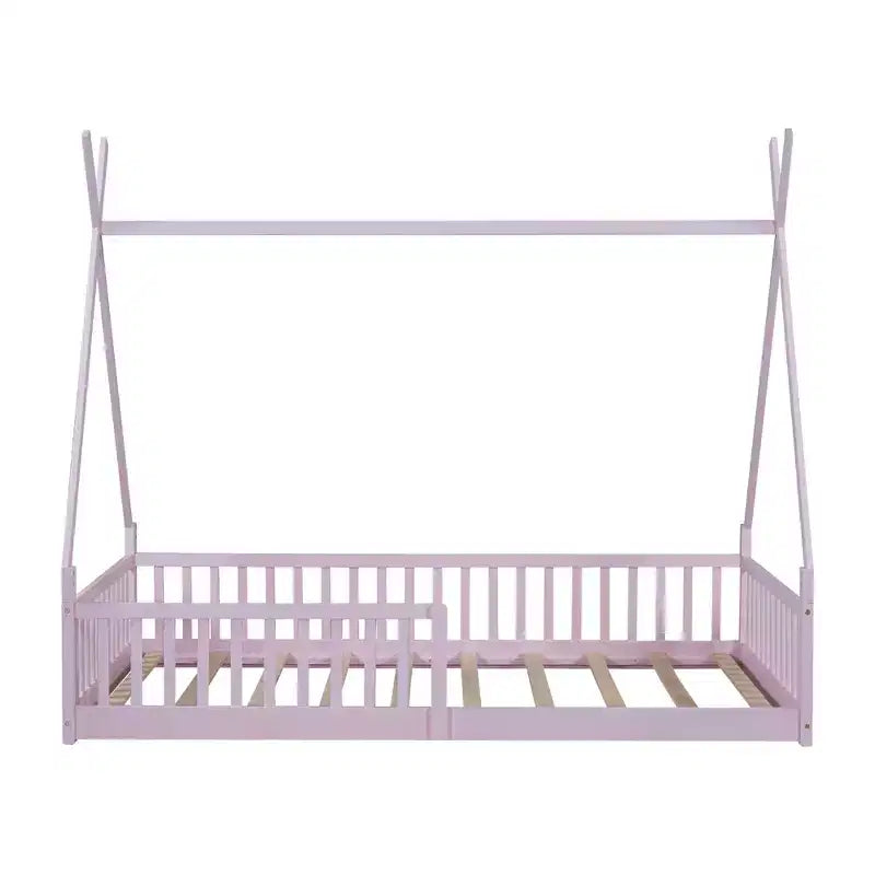 Bodenbett für Kinder, Zeltbetten in Doppelbettgröße, Montessori-Bodenbett mit Lattenrost und Zaungeländer, Holz-Hausbettgestell für Jungen und Mädchen