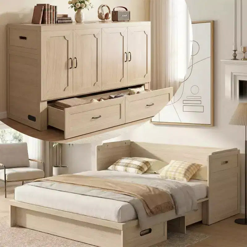 Mjkone Queen Size Wandelbares Murphy-Schrankbett mit USB-Ladefunktion, Schubladen, keine Matratze enthalten