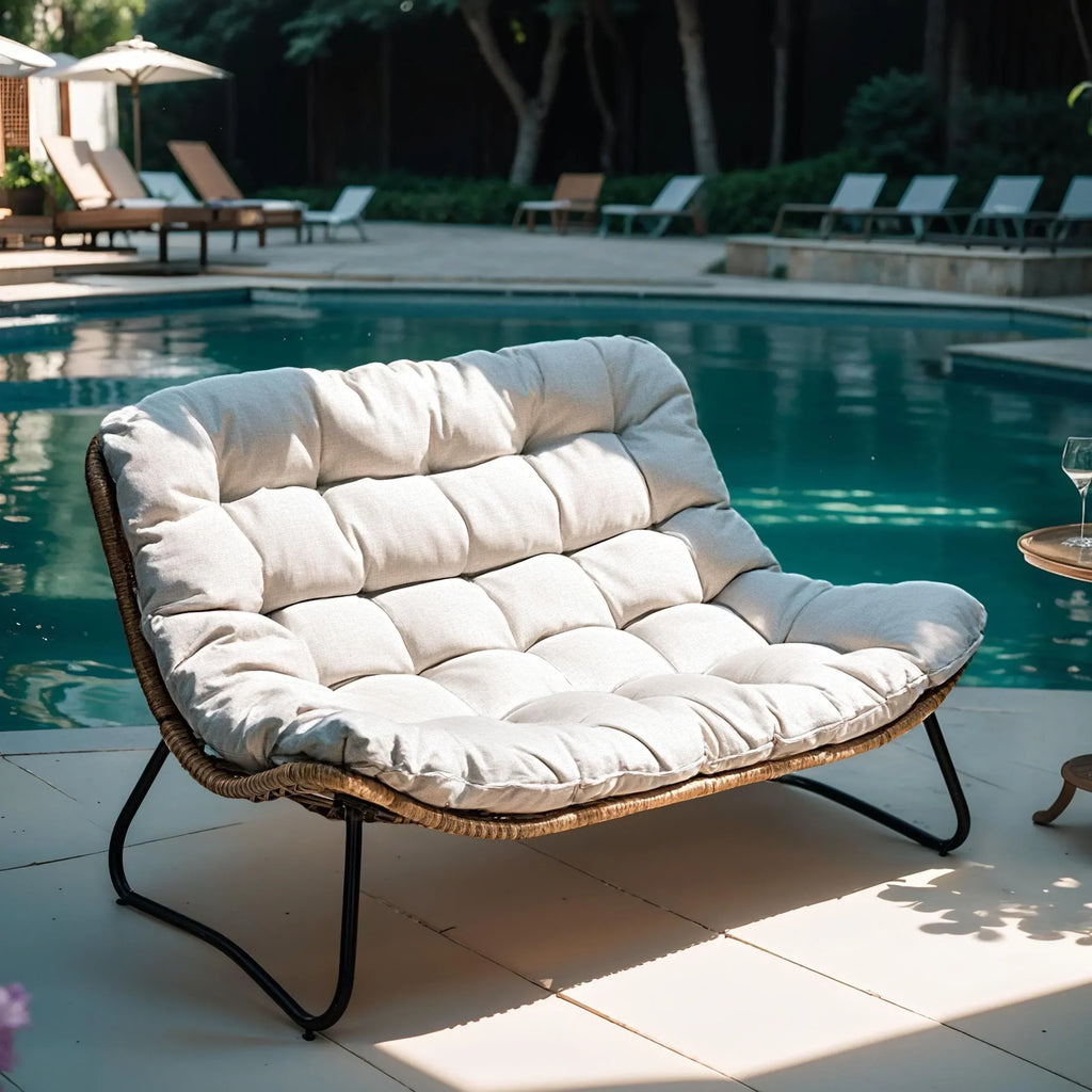 Doppelsessel Papasan mit Kissen, wetterfestes PE-Rattan und Metallrahmen für Innen- und Außenbereich